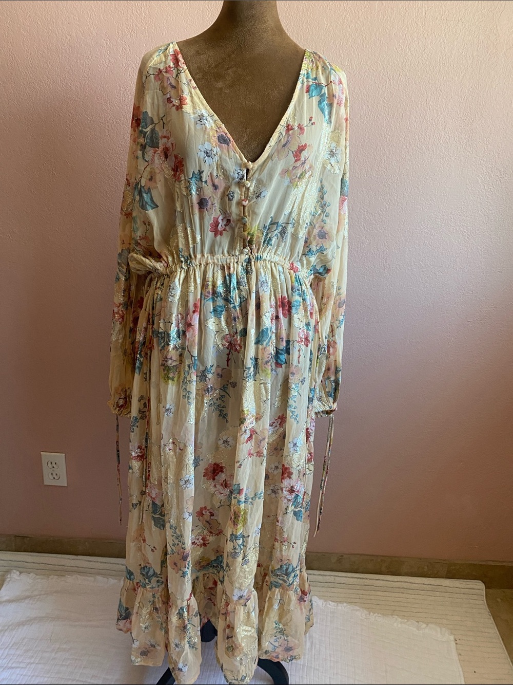 ASOS DESING Cream Floral V-Neck Long Sleeve Transparent Maxi Dress - Picture 3 of 12